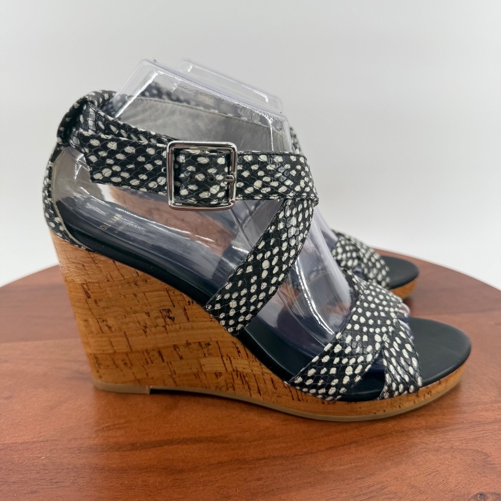 Cole Haan Wedge Sandals Black White Snakeskin Print Cork Grand.OS Womens 8B